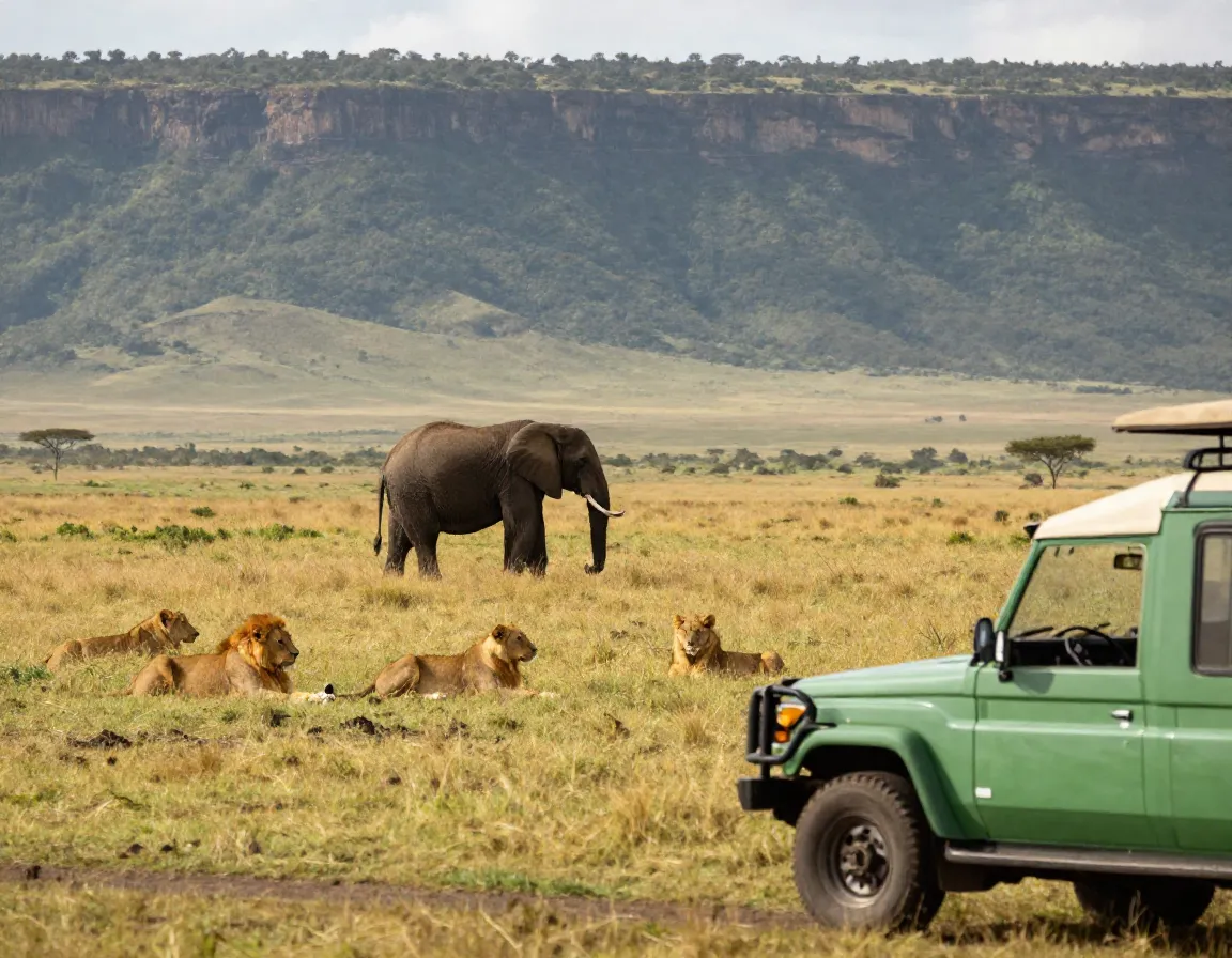 A safari jeep viewing a lion pride on grassy floor of ngorongoro crater