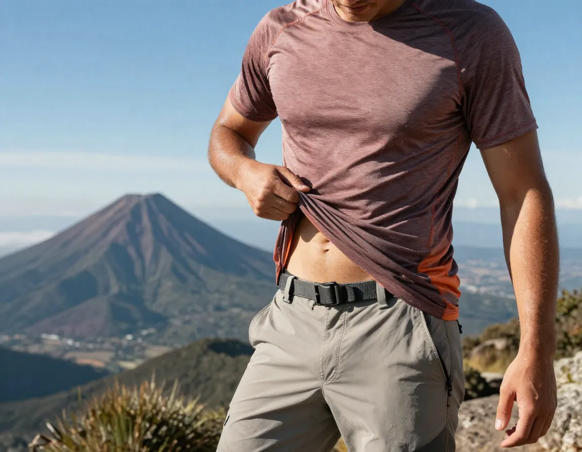 Quick dry synthetic clothing hiker sweating mountain summit