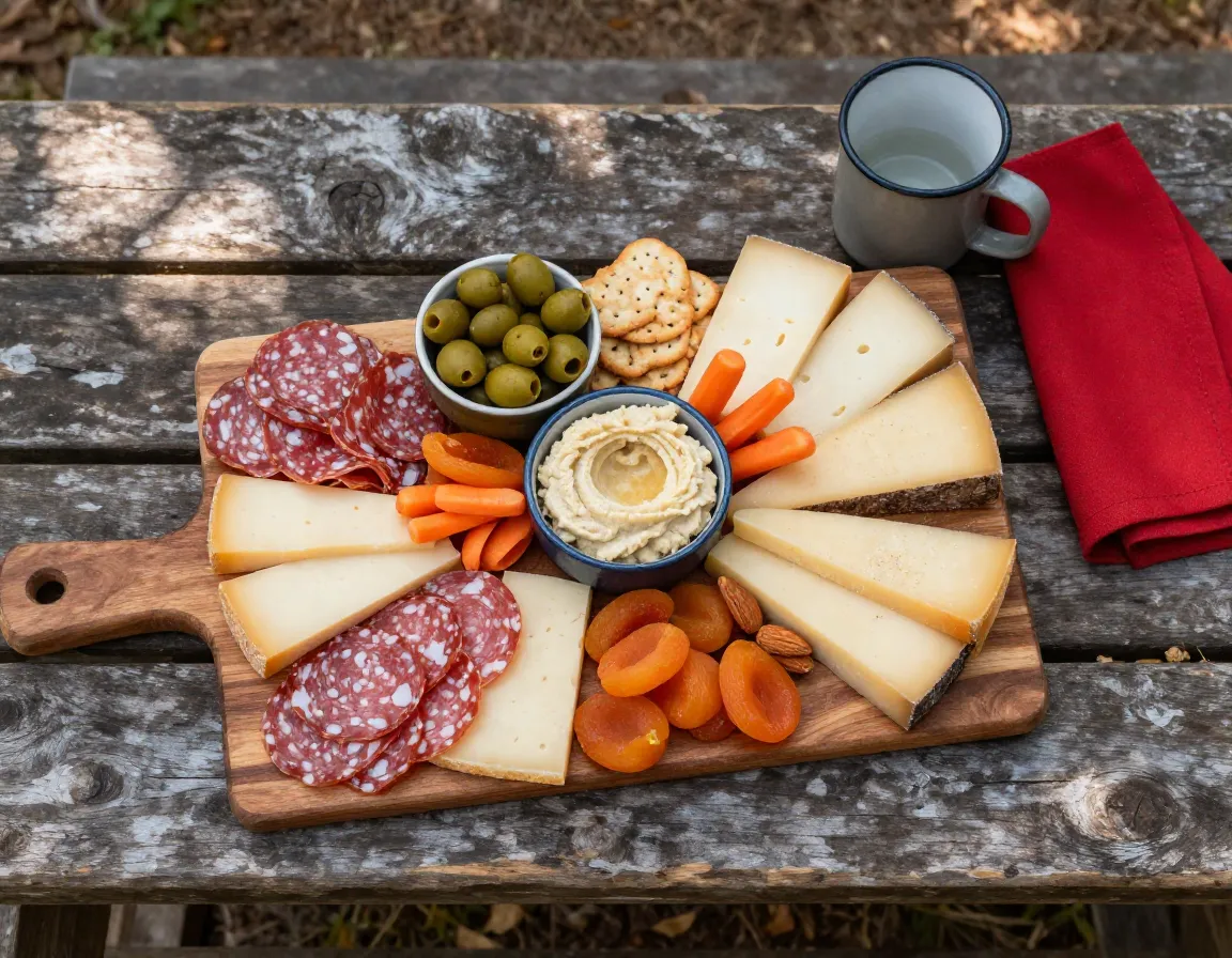 Rustic charcuterie board spread on a wooden camp table