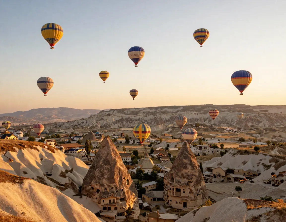 Dozens of colorful hot air balloons drifting over cappadocias rock formations at sunrise