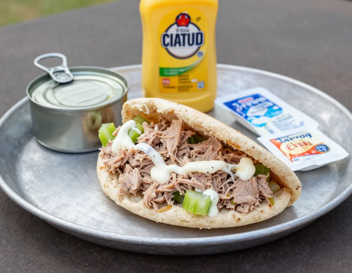 Tuna salad in a pita pocket with camp cooking tools