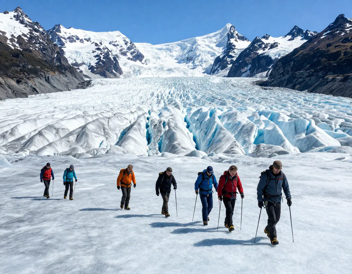 A guided heli hike group walking on the blue ice of franz josef glacier