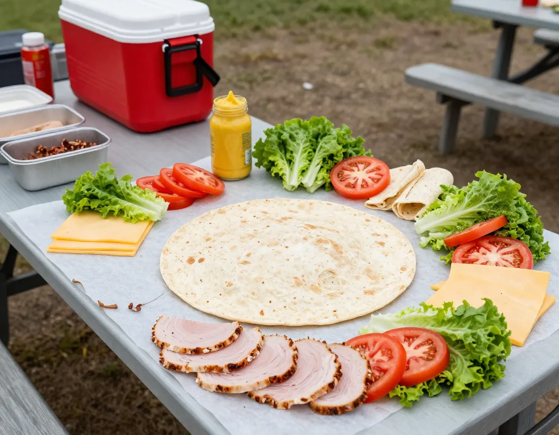 Customizable turkey wrap assembly station at a picnic table