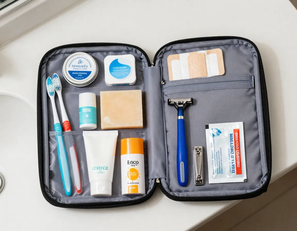 Organized travel toiletry bag essentials medications first aid