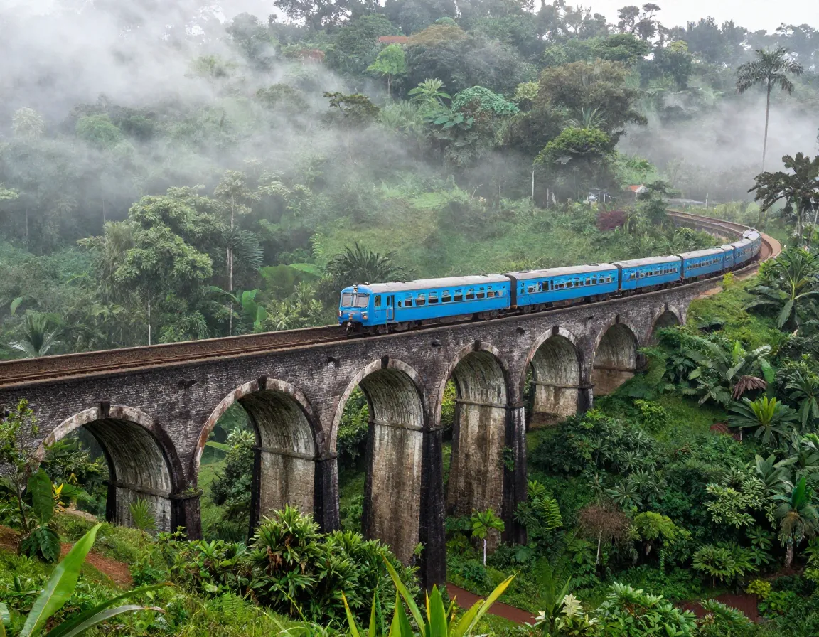 A bright blue train crossing the stone nine arch bridge in misty sri lankan jungle