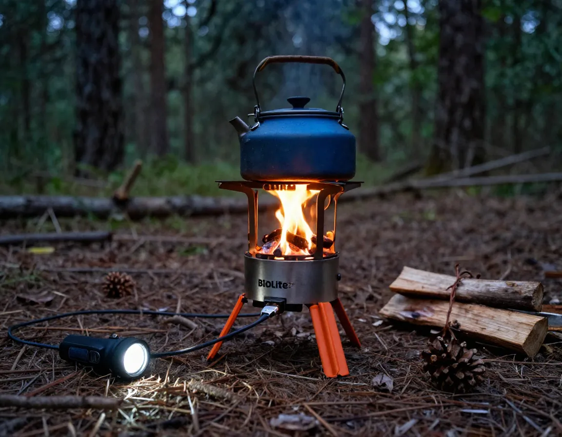 Biolite campstove 2 plus cooking and charging in a forest campsite