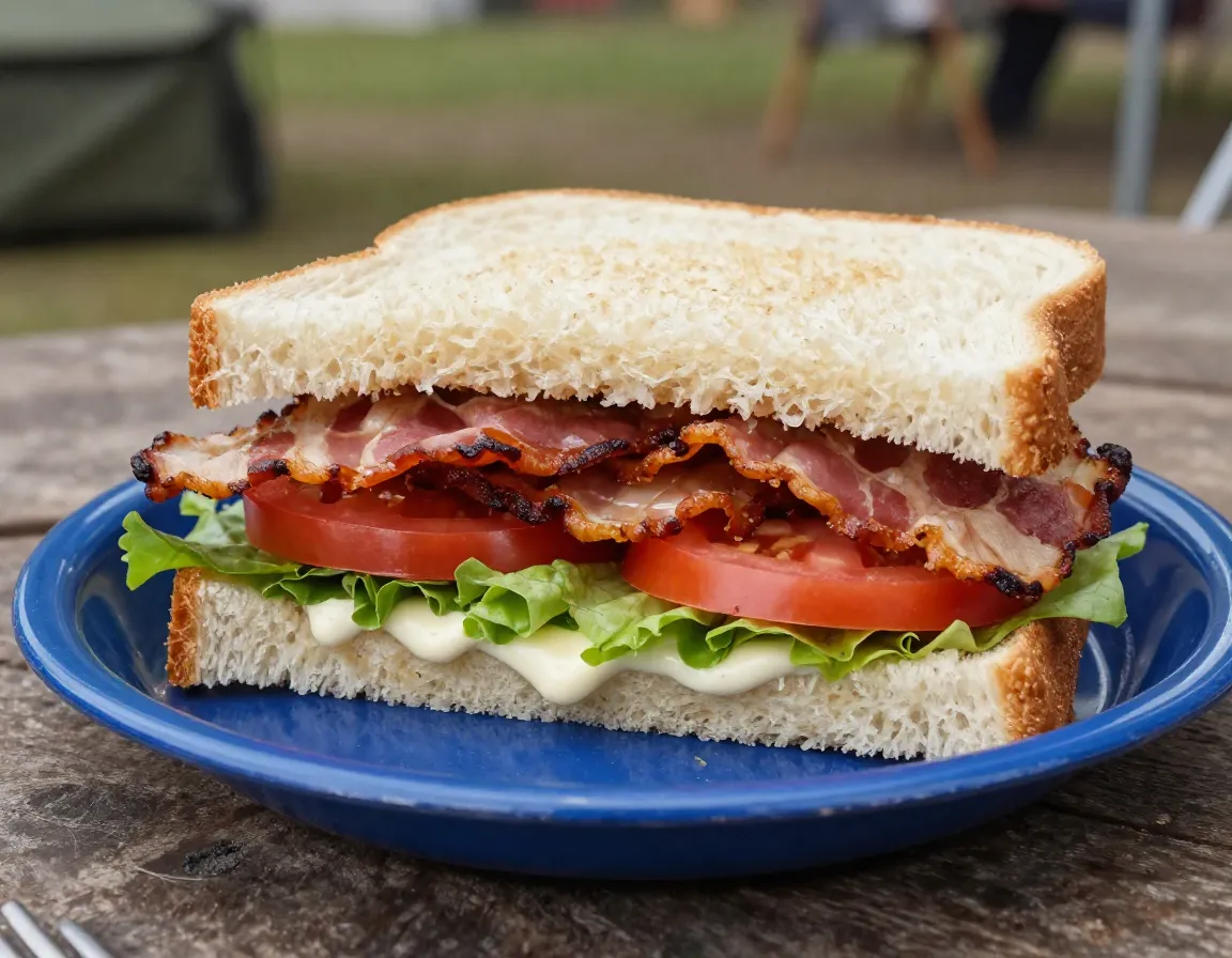 Classic blt sandwich with pre cooked bacon at a campsite