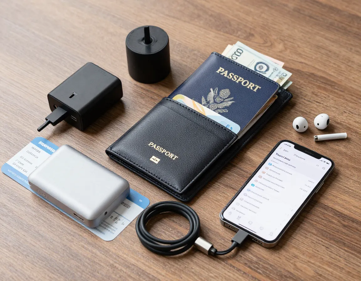 Travel documents wallet passport adapter powerbank cable money