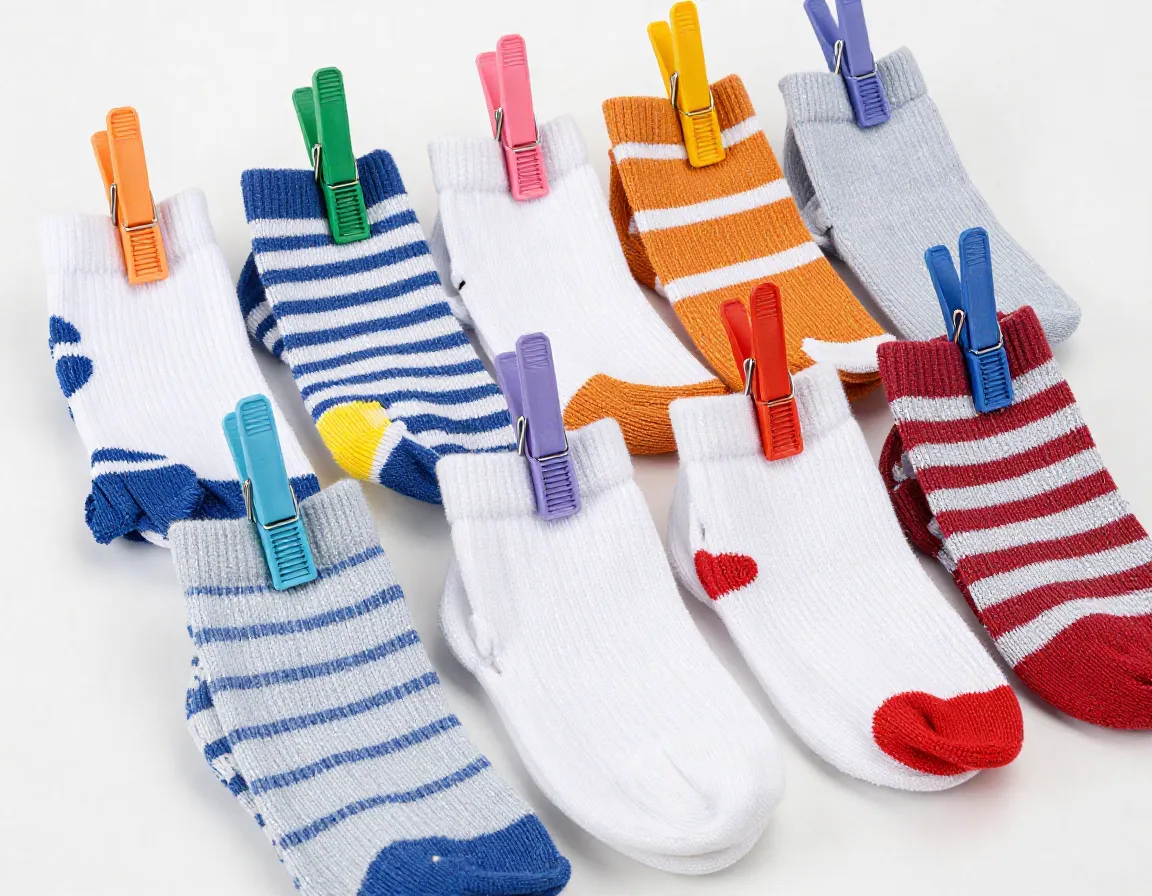 Colored clothespins clipped onto paired socks pre packing