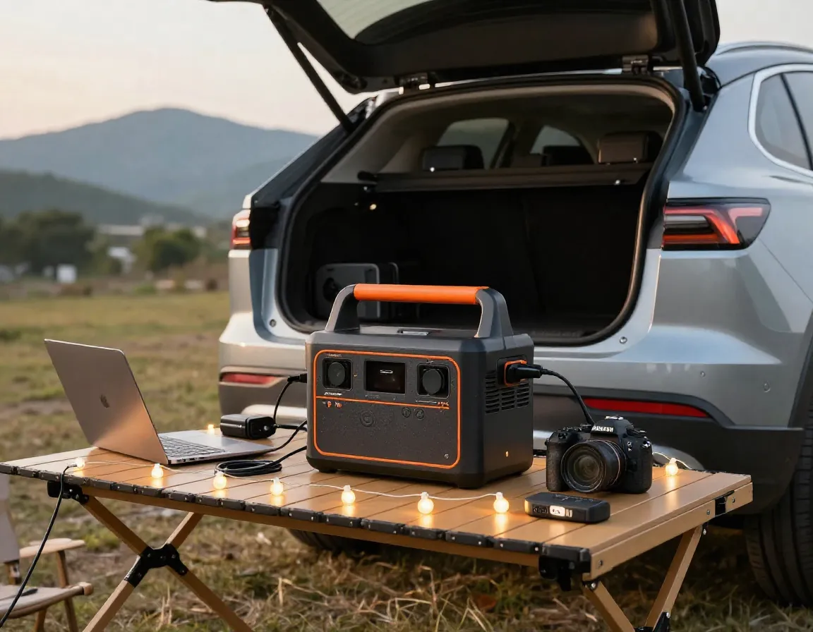 Jackery explorer 1000 pro power station at a car camping basecamp