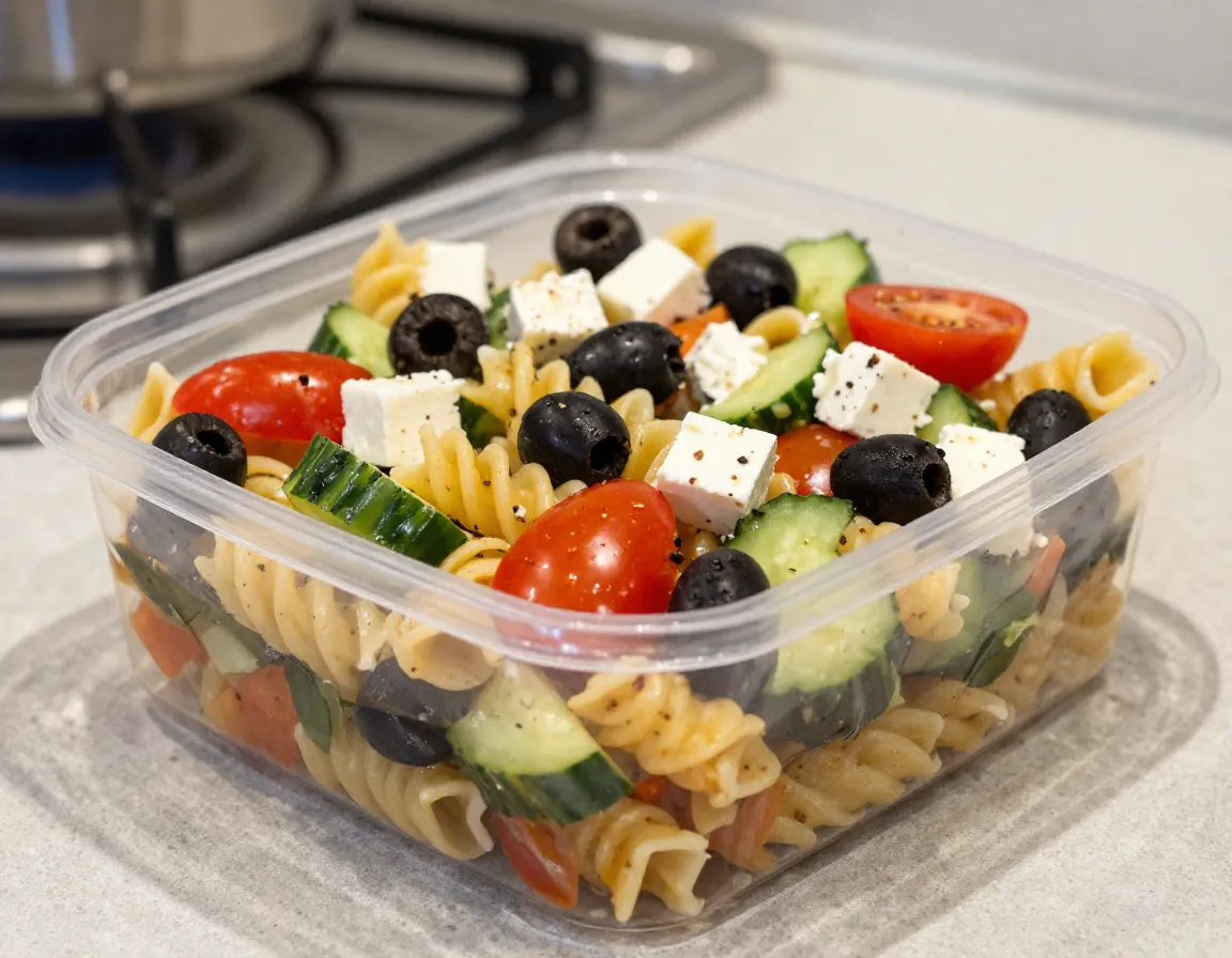 Pasta salad in a sealed container ready for camping