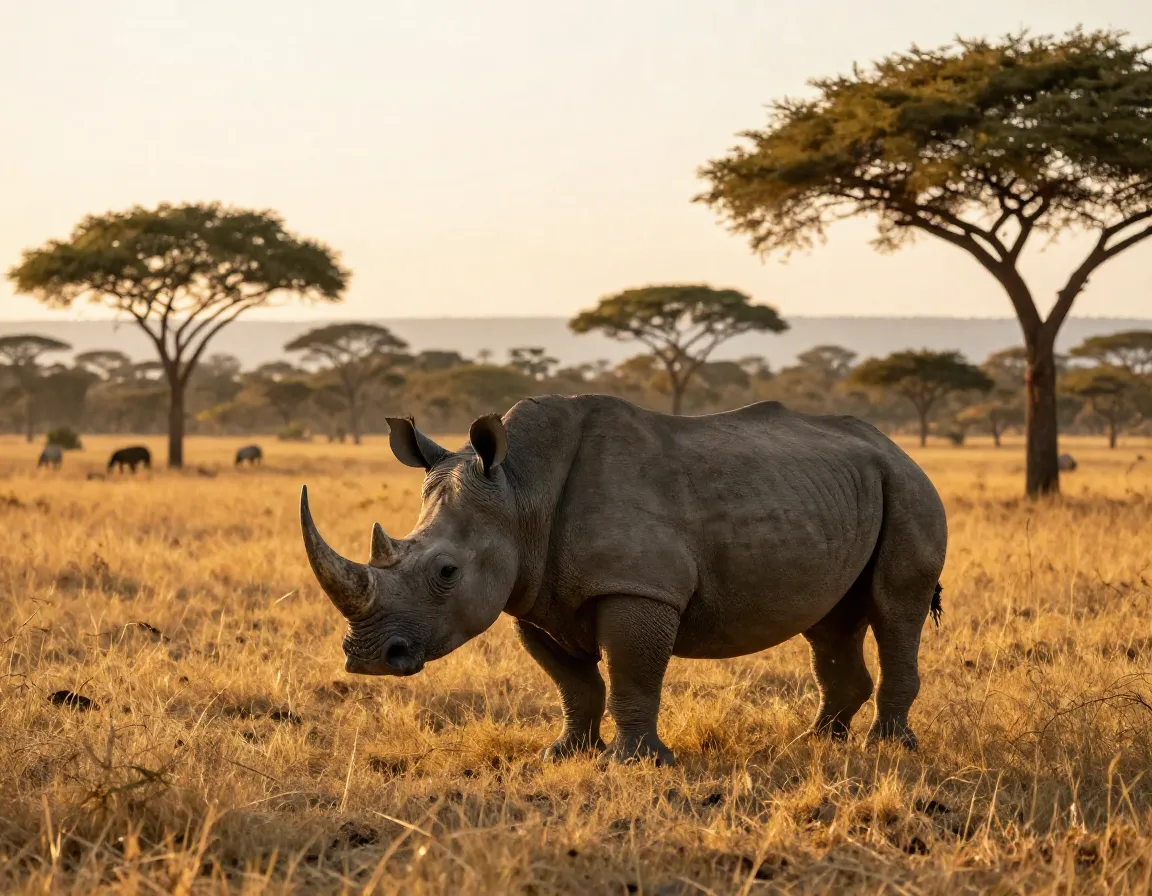 A rhinoceros standing in savanna at sunrise in akagera national park