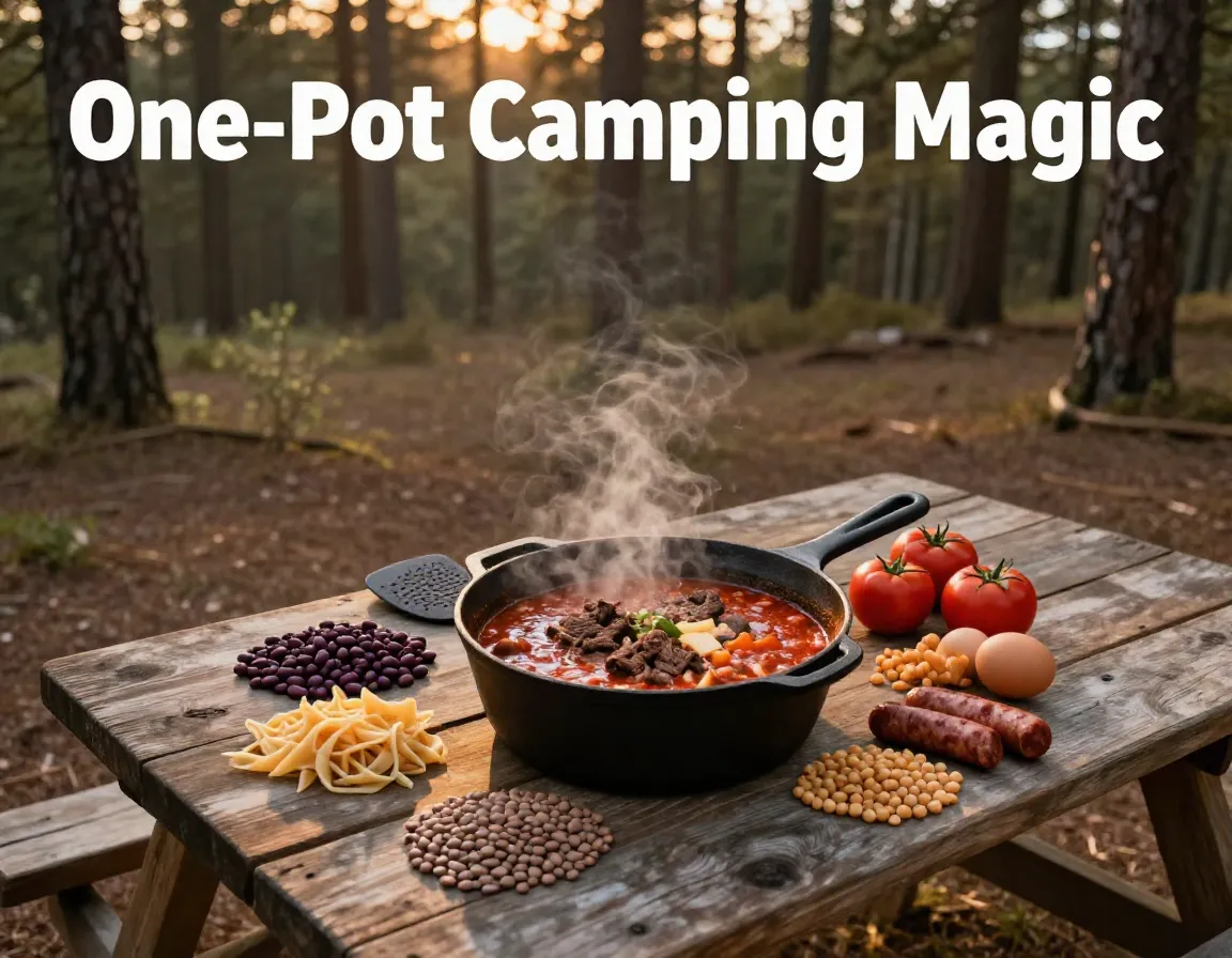 Cast iron pot campsite chili eight ingredient clusters sunlight steam