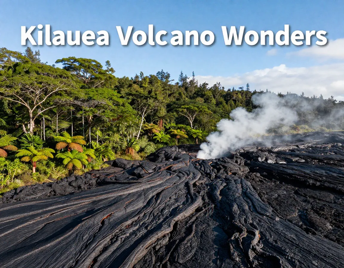 Lava field rainforest steam plume aerial volcano park morning