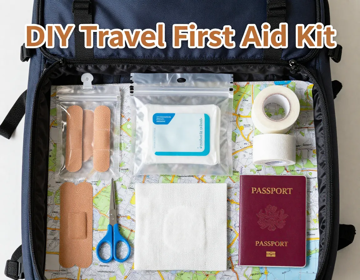 Open travel pouch first aid supplies flat lay organized background