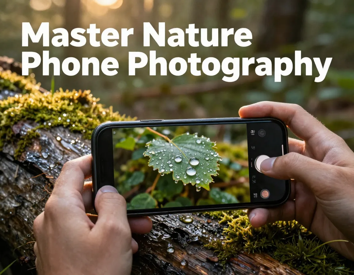 Overhead phone on moss displaying dew drop macro photo in forest