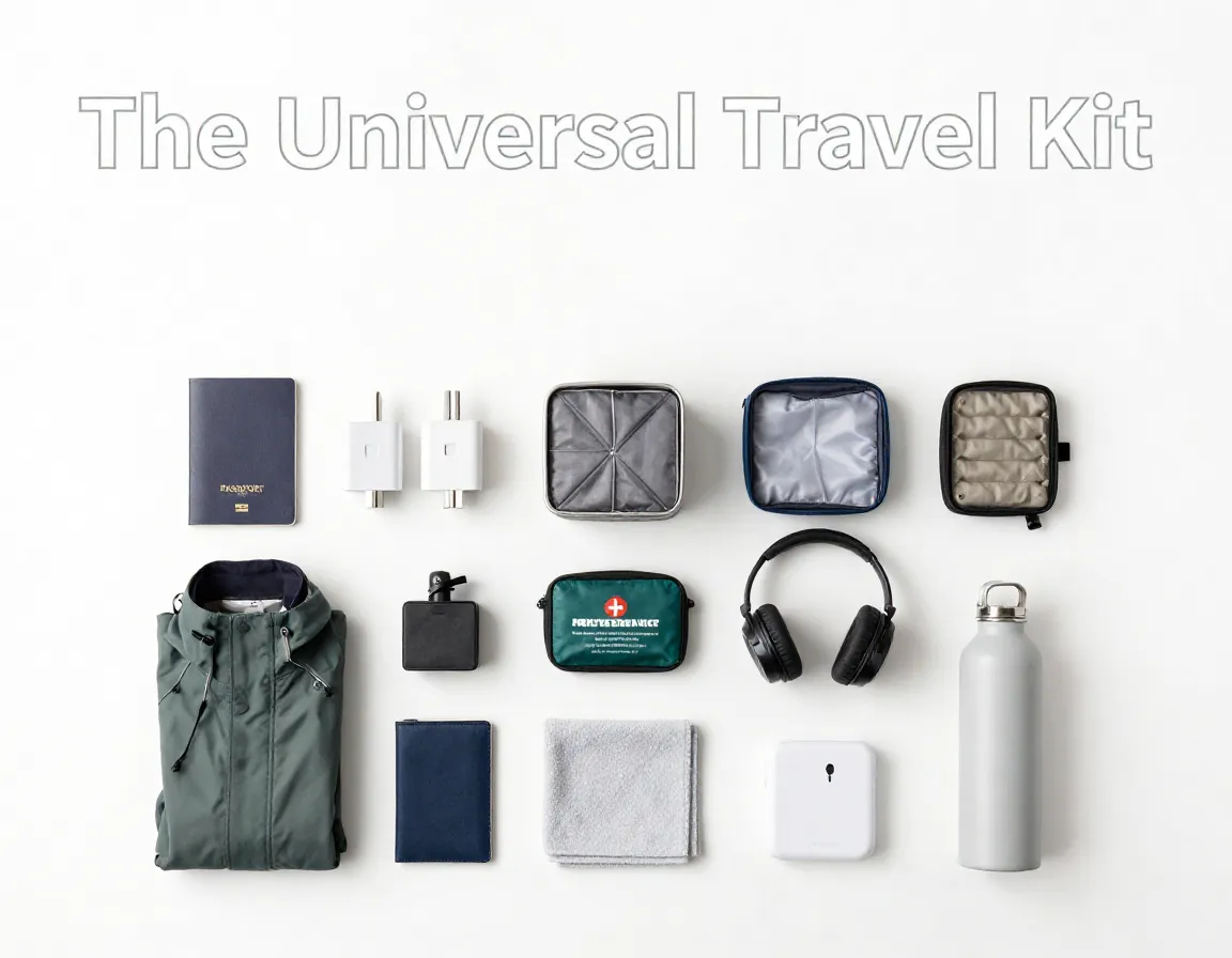Universal travel kit flatlay arranged items background space