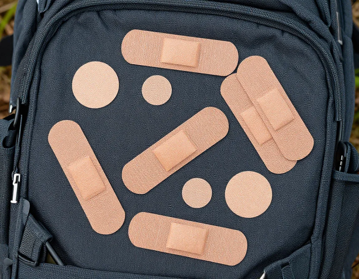Assorted adhesive bandages scattered on a hiking backpack