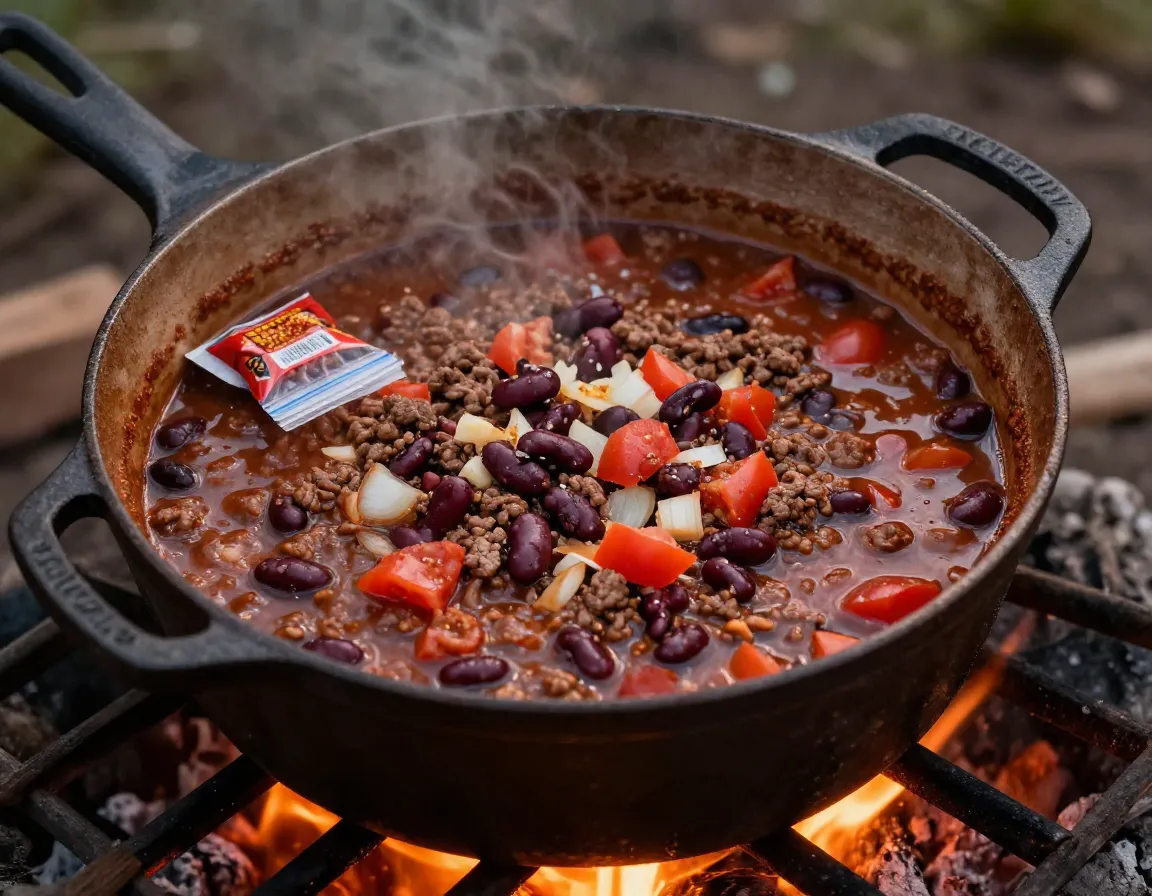 Hearty ground beef chili simmering in dutch oven at campsite