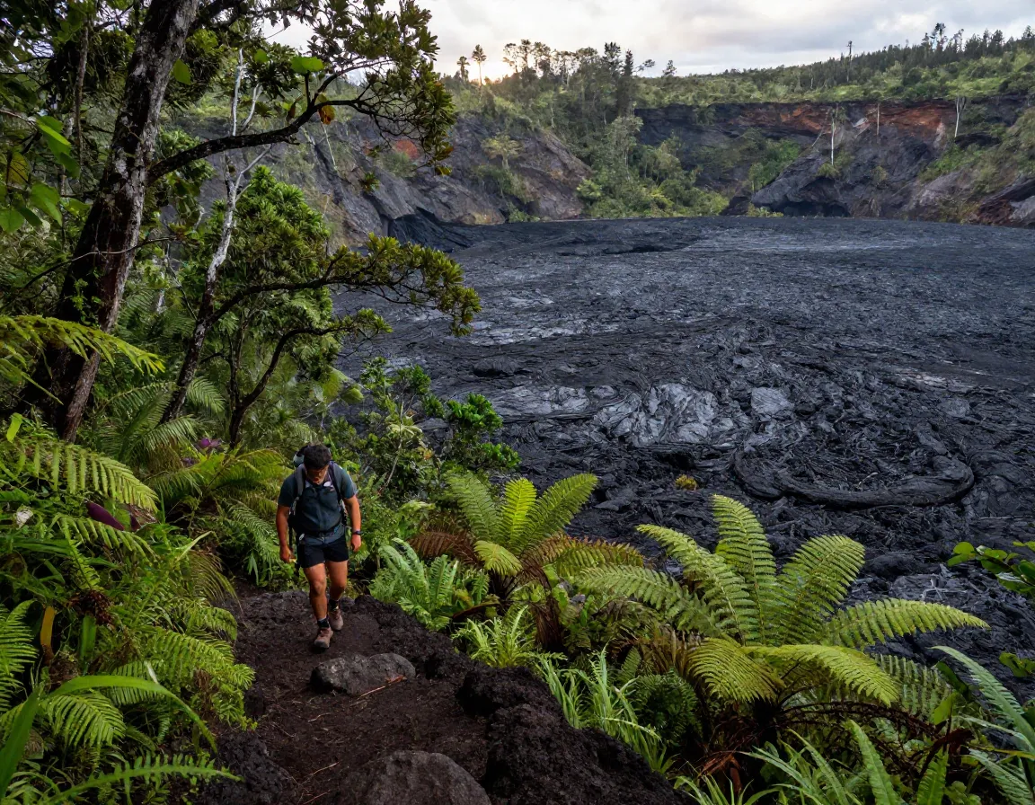 Hiker descending into stark lava lake inside lush crater rainforest