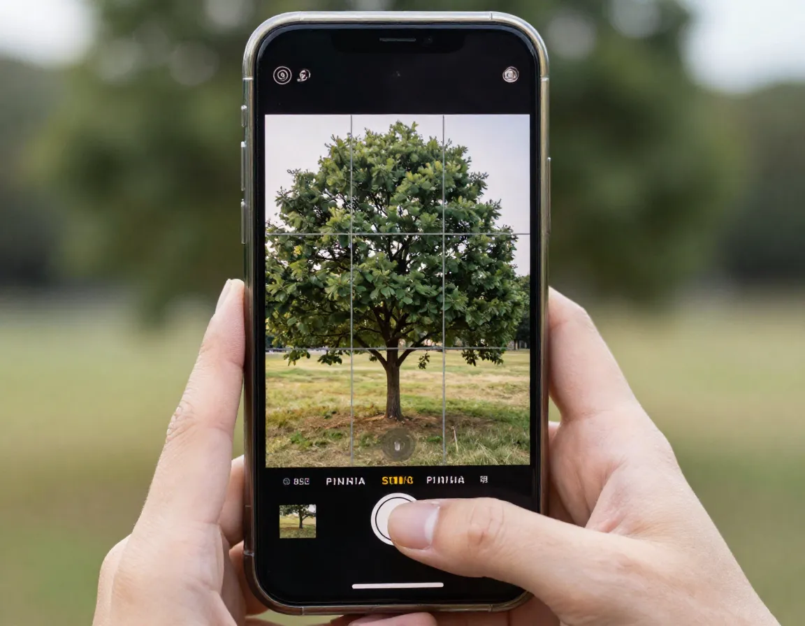Smartphone camera grid overlay showing tree on rule of thirds