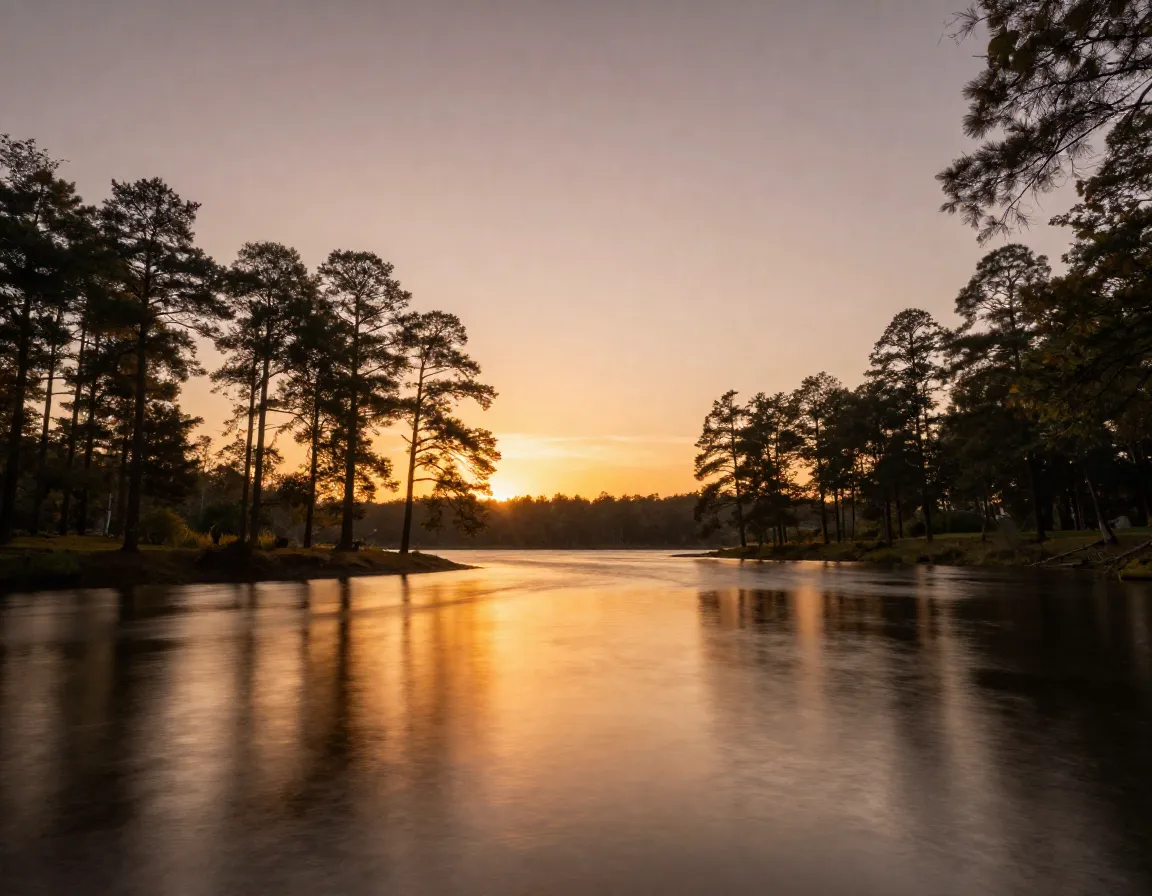 Golden hour landscape with lake reflecting warm long shadows