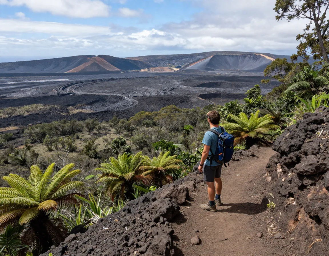 Hiker on crater rim trail overlooking volcanic landscape and rainforest