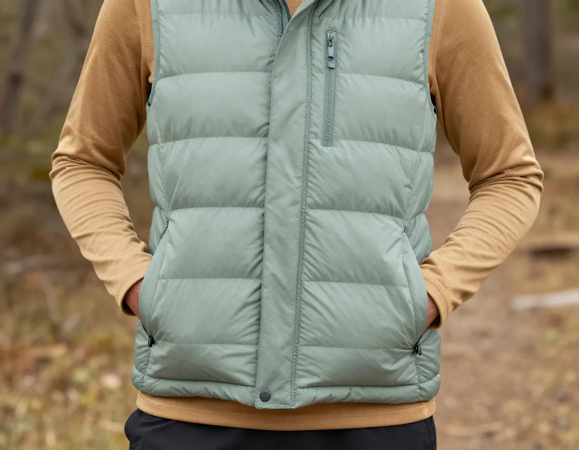 Puffer vest layered over long sleeve tee for versatile trail warmth