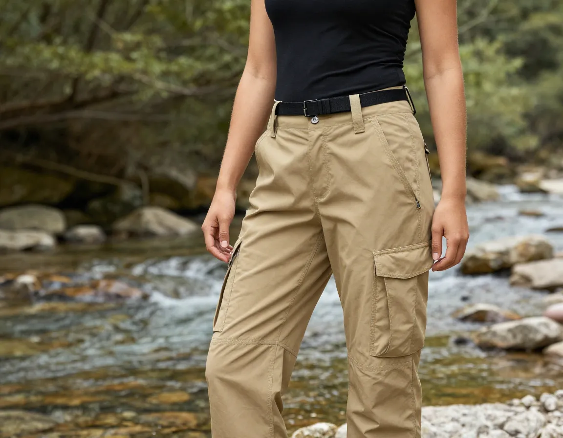 Convertible cargo pants and fitted tank for adaptable camping outfit