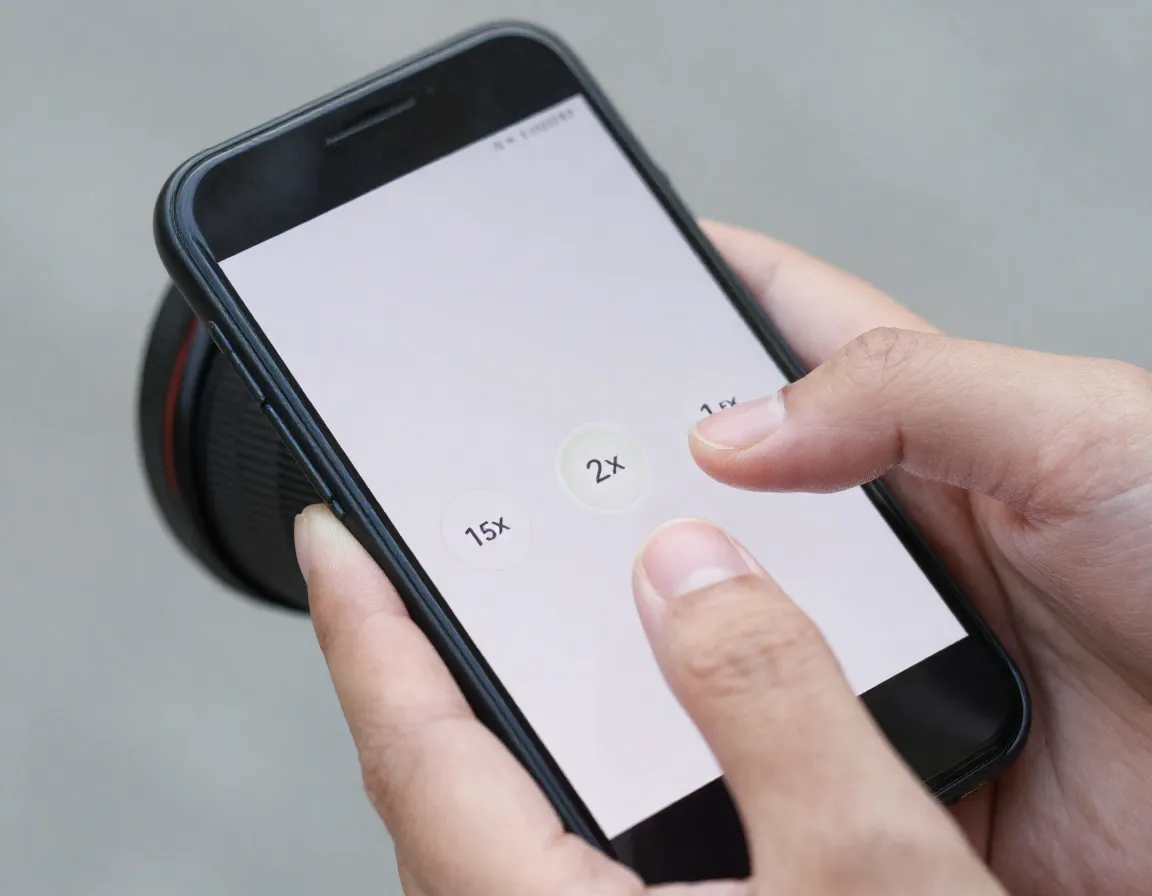 Hand tapping wide angle lens button on smartphone camera interface