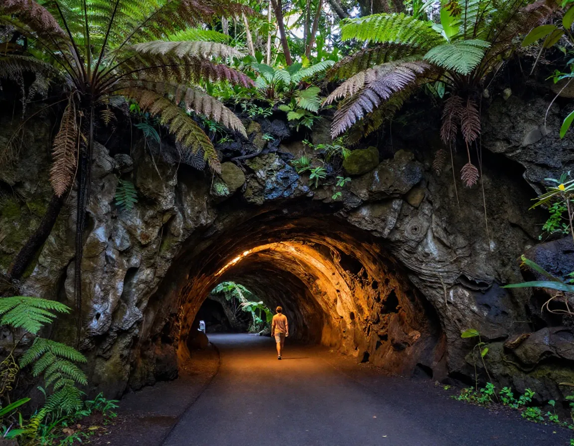 Person walking through ancient lava tube surrounded by fern rainforest