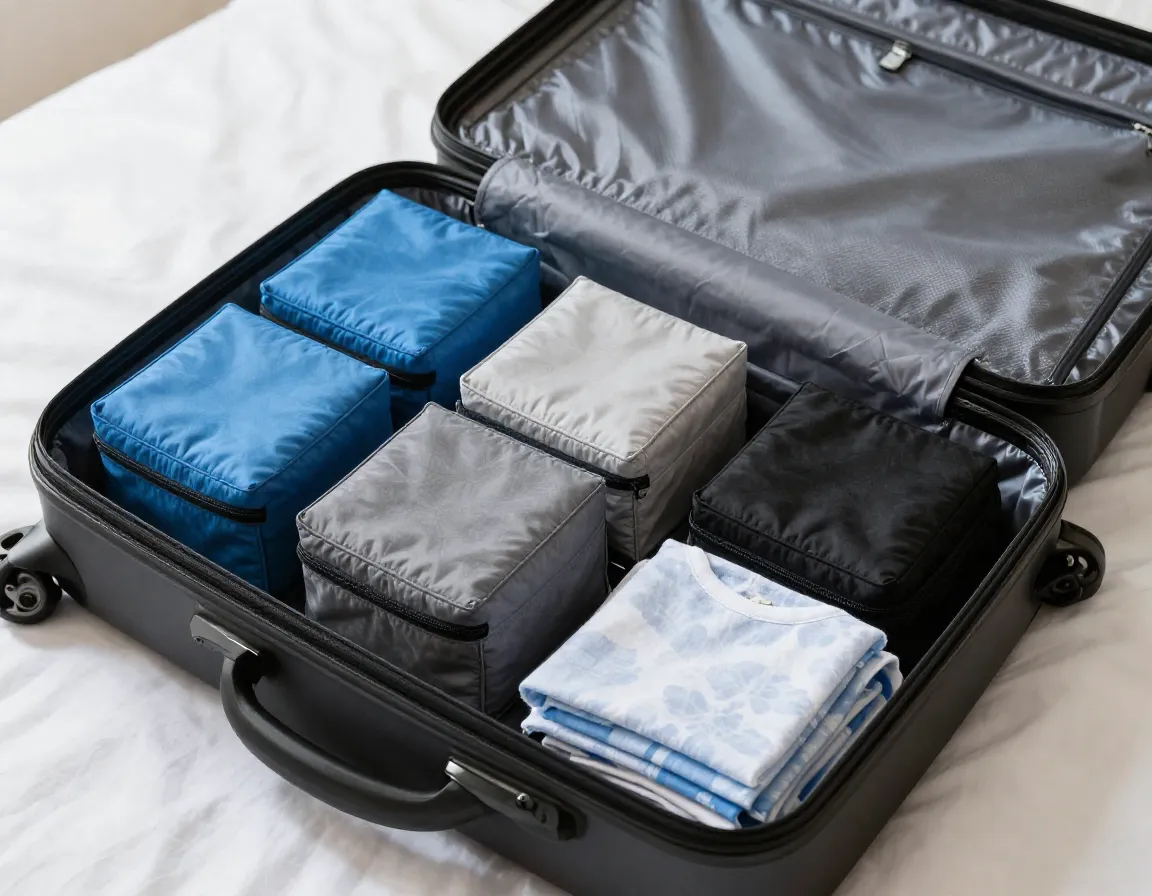 Set of colorful packing cubes neatly organized in open suitcase