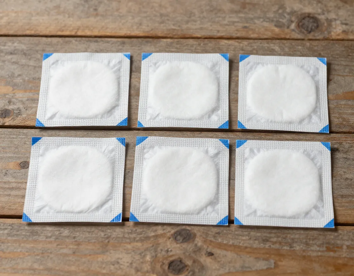 Sterile gauze pads in sealed packaging on a wooden surface