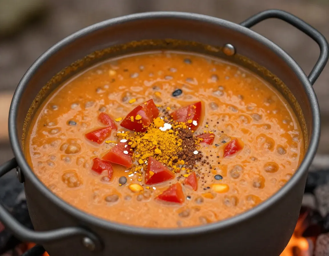 Creamy red lentil soup simmering in camping pot