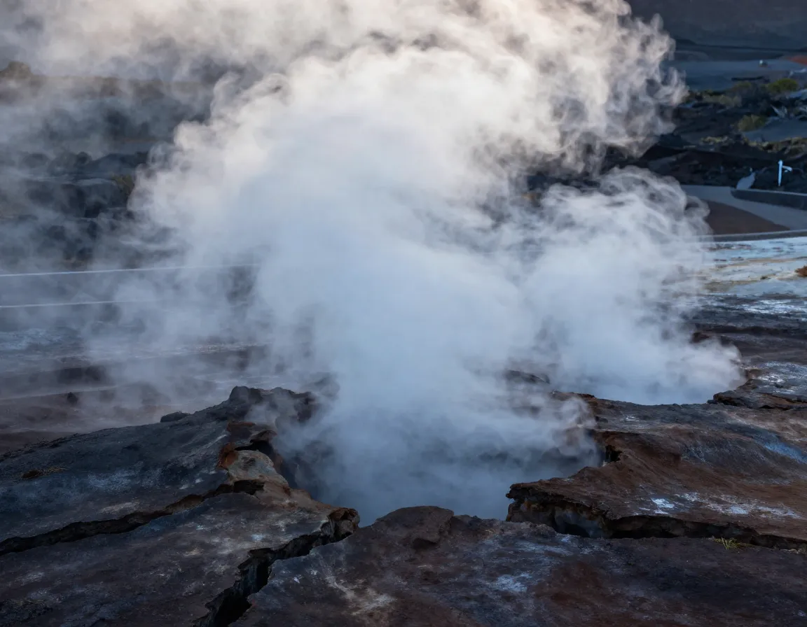 Early morning steam plumes billowing from volcanic cracks in ground