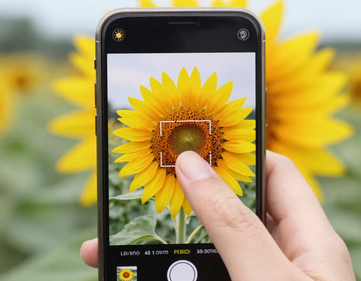 Finger tapping sunflower on smartphone screen for focus exposure