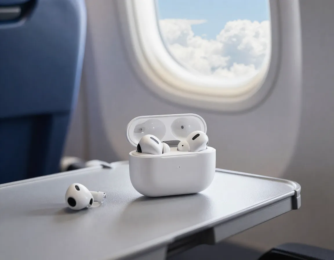 Noise canceling wireless earbuds in case on airplane tray table