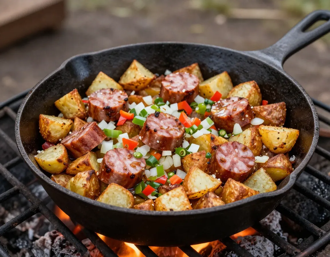 Golden sausage and potato hash in cast iron skillet