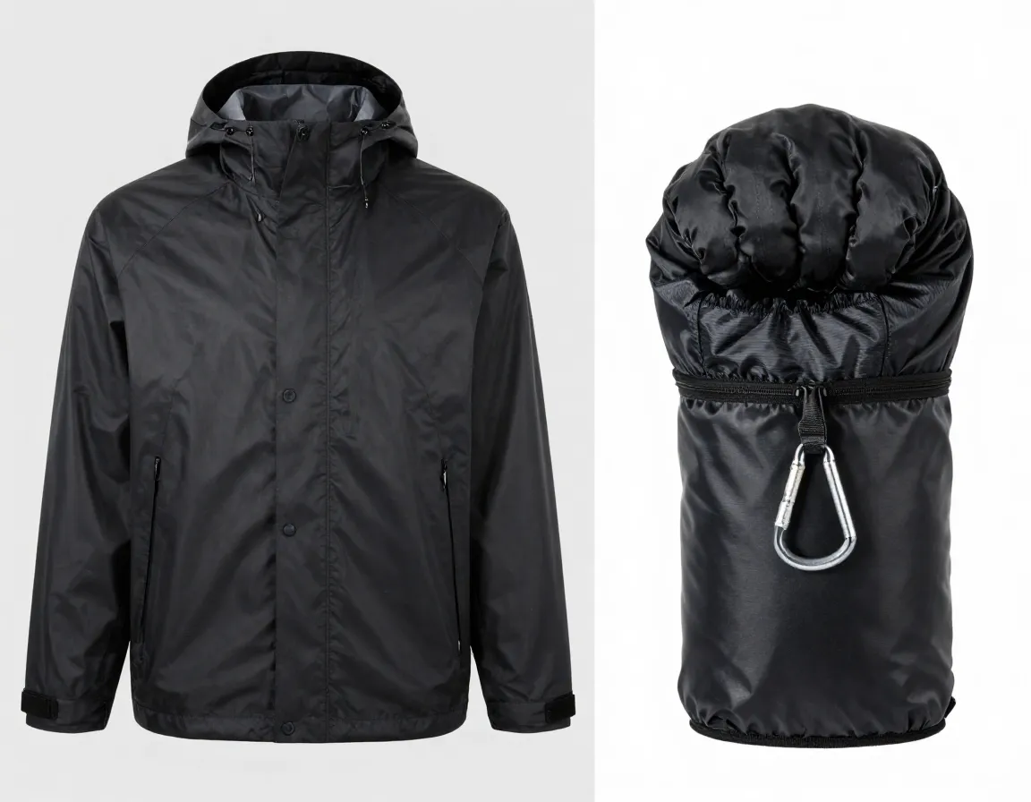 Lightweight packable rain jacket compressed into its own pouch