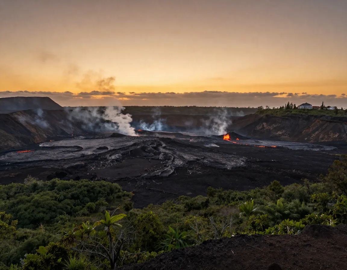 Panoramic dusk view of vast caldera with lava fields and steam vents