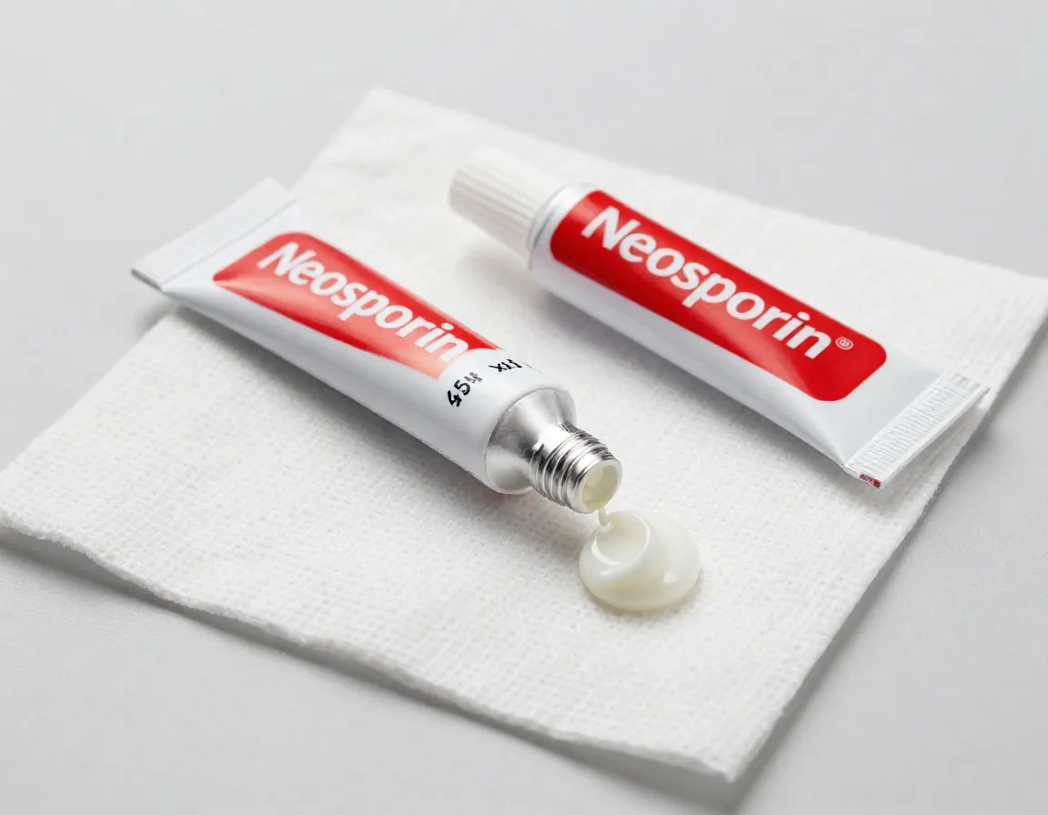 Small travel tube of antibacterial ointment on gauze