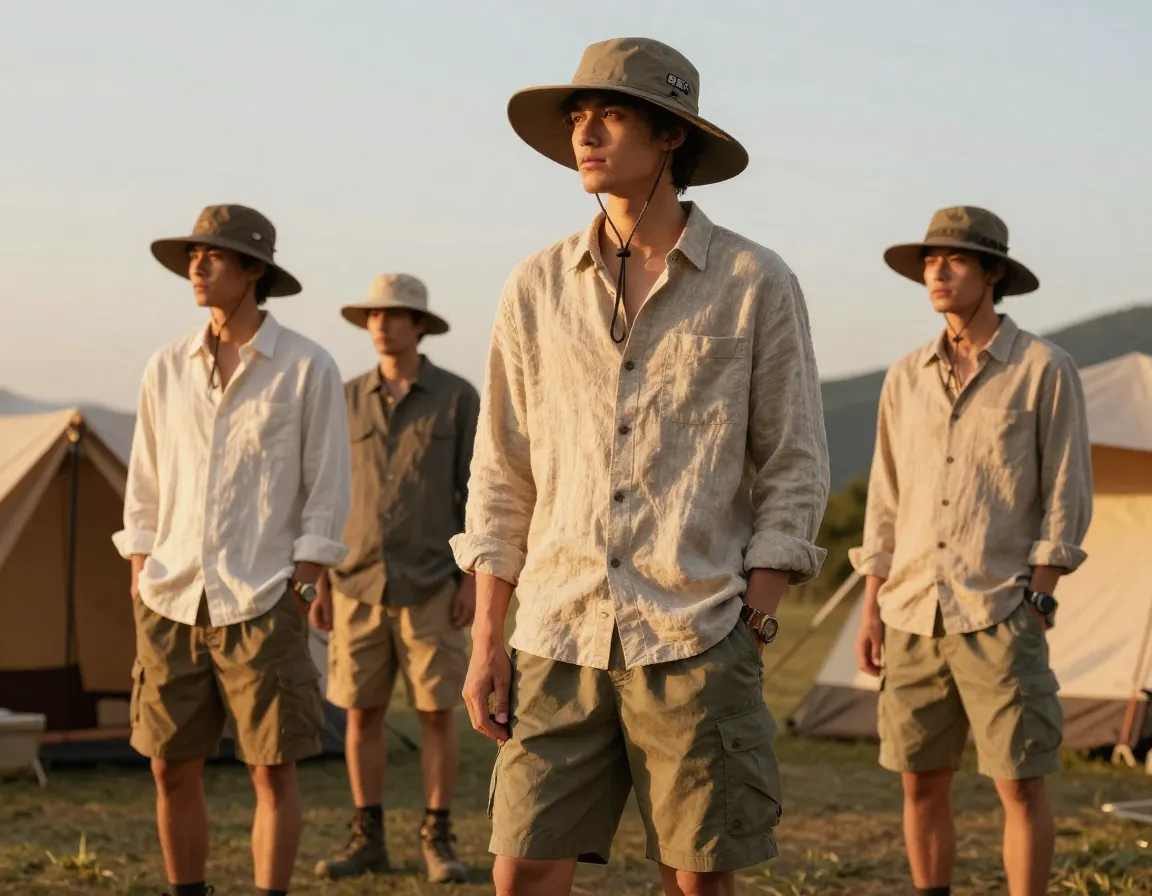 Wide brim hat linen shirt and trail shorts for summer camping