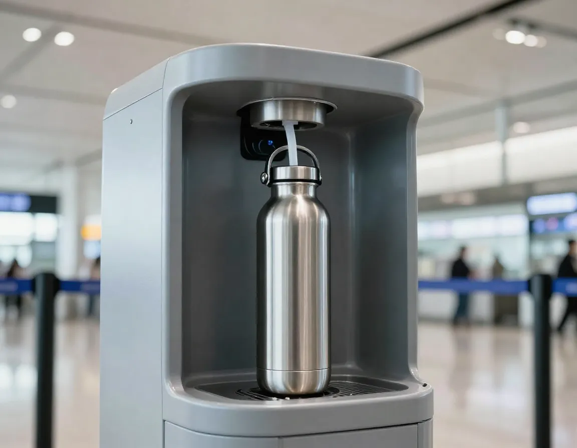 Reusable water bottle with filtration system at airport water station
