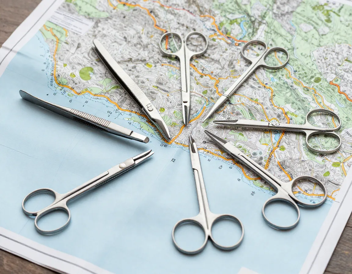 Stainless steel tweezers and scissors on a map