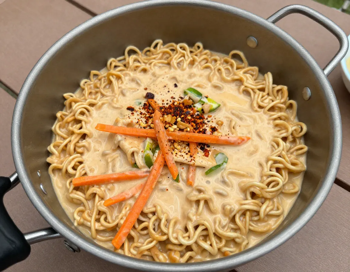Thai peanut noodles with creamy sauce in camping pot