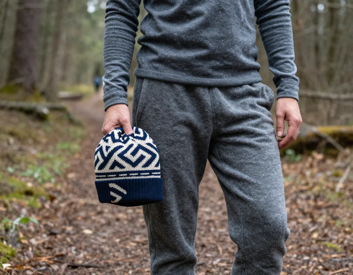 Thermal base layer patterned beanie and joggers for cold weather