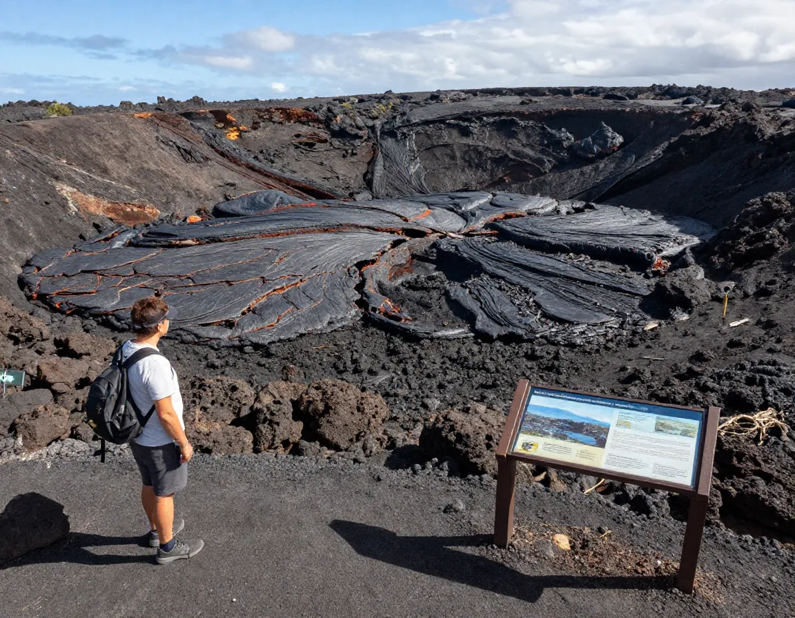 Visitor observing fresh lava deposits and cracks at reshaped crater