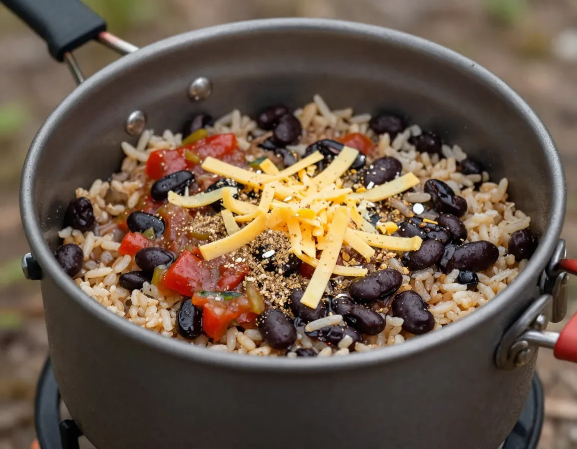 Burrito bowl with instant rice beans salsa in pot