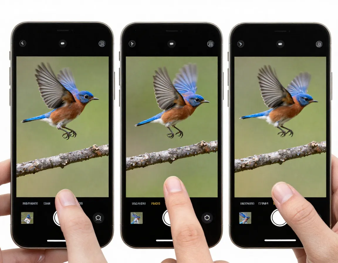 Burst mode sequence of bird taking off on smartphone screen