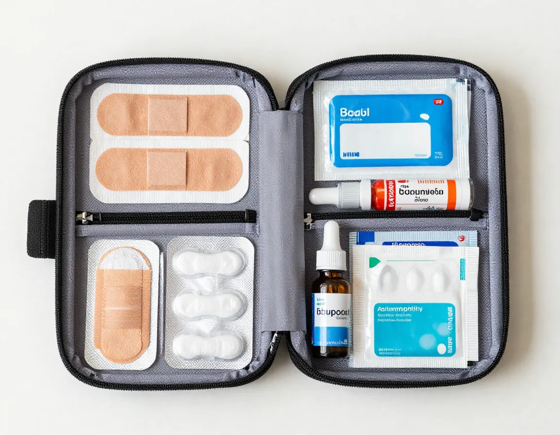 Compact travel first aid kit with bandages and medications open
